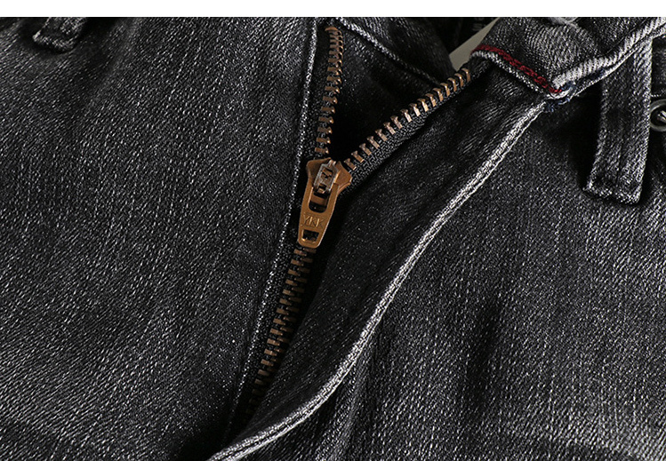 GorgeousBen Retro Black gray washed distressed color trimmed red ear denim jeans for men, straight leg American retro casual long pants