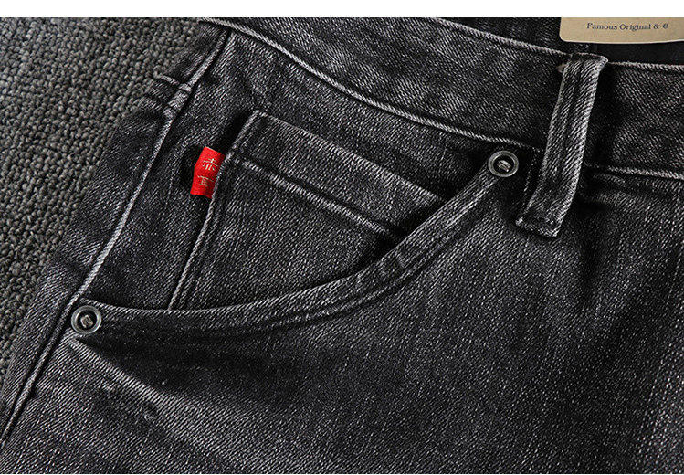 GorgeousBen Retro Black gray washed distressed color trimmed red ear denim jeans for men, straight leg American retro casual long pants