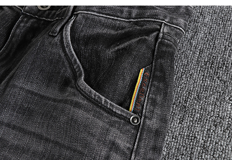 GorgeousBen Retro Black gray washed distressed color trimmed red ear denim jeans for men, straight leg American retro casual long pants