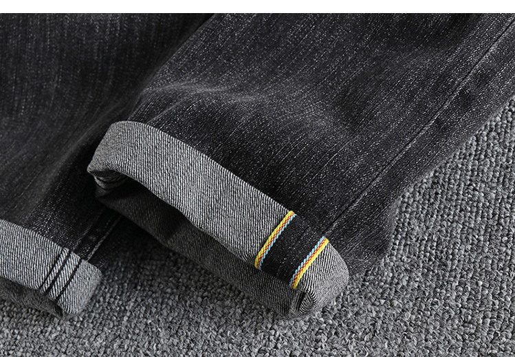 GorgeousBen Retro Black gray washed distressed color trimmed red ear denim jeans for men, straight leg American retro casual long pants