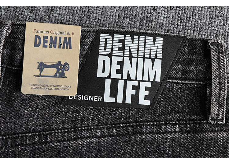 GorgeousBen Retro Black gray washed distressed color trimmed red ear denim jeans for men, straight leg American retro casual long pants