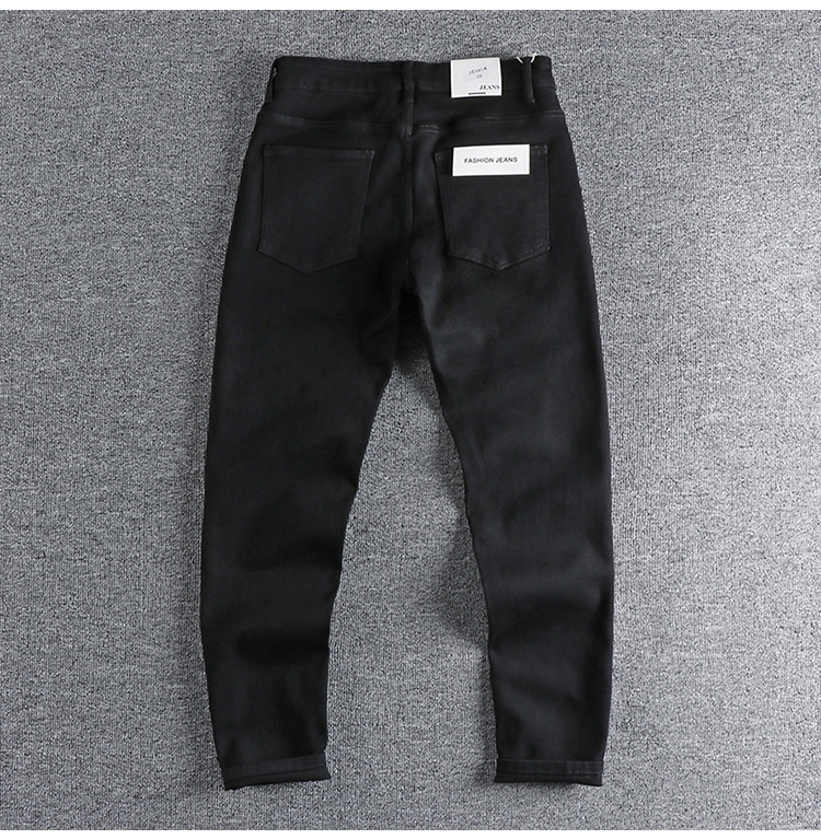 GorgeousBen Retro Black washed denim jeans with rough edges at the hems, men's cut and torn holes, European and American trend slim fit small leg pants, 9% off