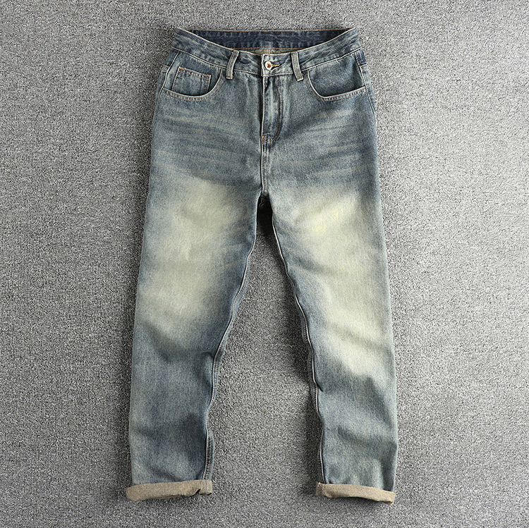GorgeousBen American retro blue distressed washed slightly loose straight leg jeans men's woven fabric versatile pants boot pants