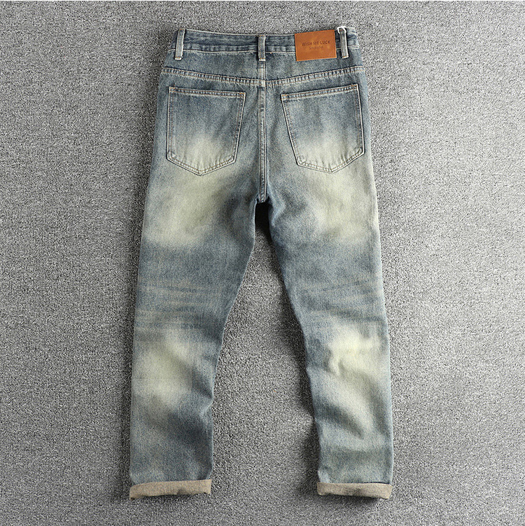 GorgeousBen American retro blue distressed washed slightly loose straight leg jeans men's woven fabric versatile pants boot pants