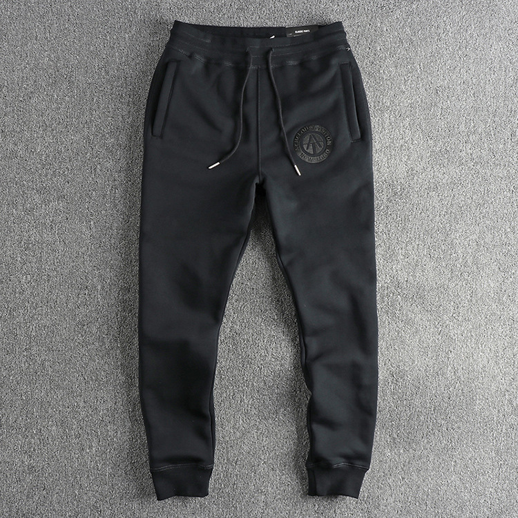 GorgeousBen Men's Fleece-Lined Sweatpants, Navy Blue Washed American Style, Heavyweight Embroidered Tapered Casual Winter Trousers