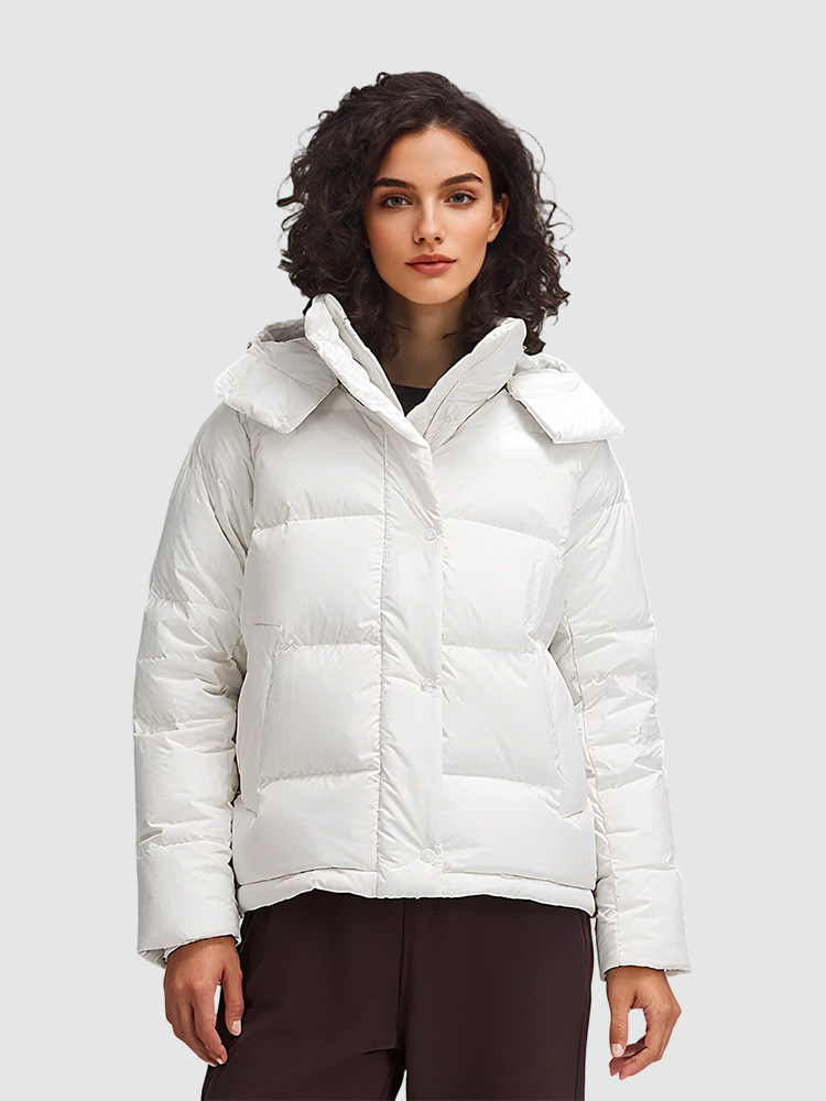 GorgeousBen Women's Short Puffer Jacket, 5-Grid Wunder Puff Hooded Coat, 90% White Goose Down Fill, Water-Wind-Stain Resistant, Oversized Bread Style Winter Jacket
