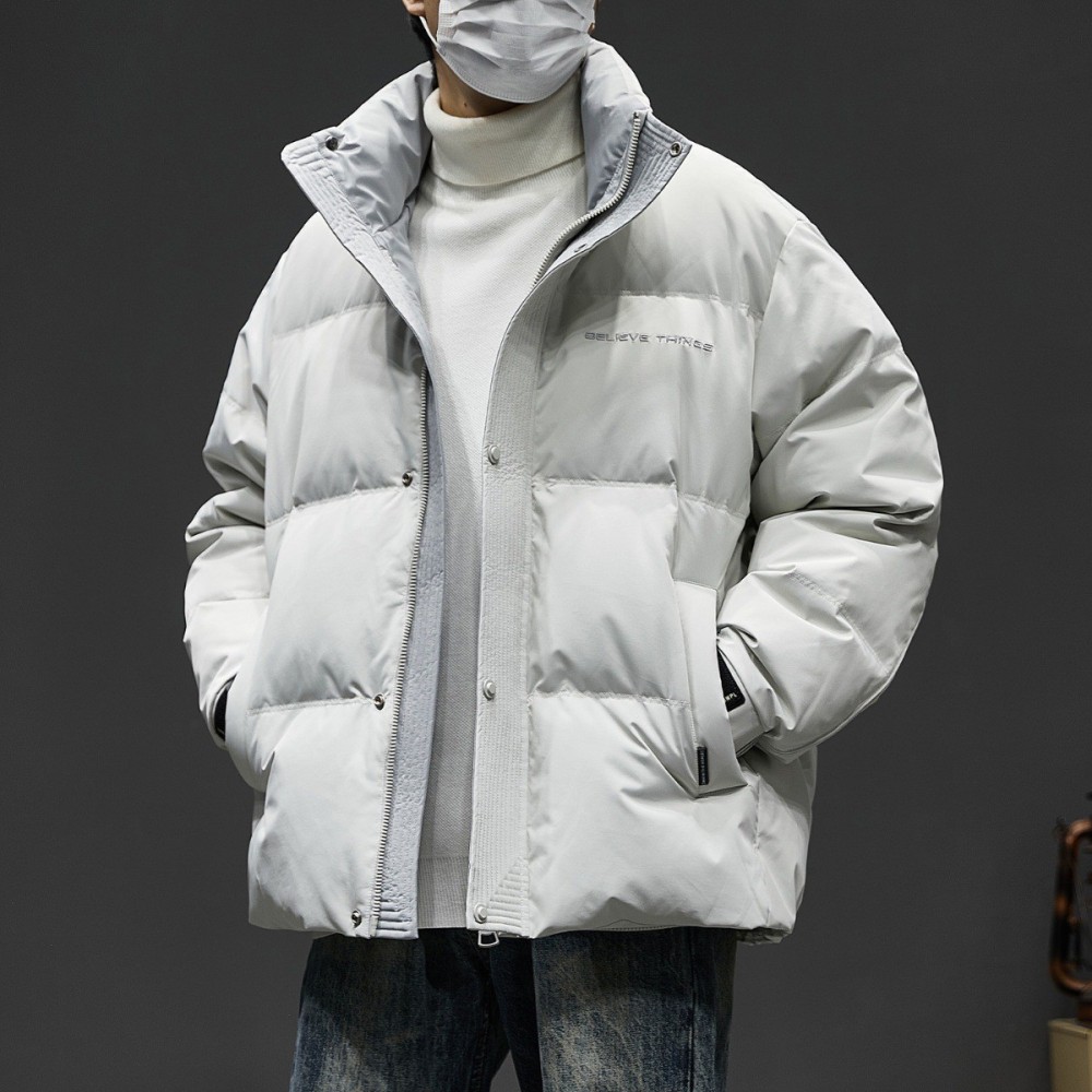 GorgeousBen Bread Style Puffer Coat for Men, White Duck Down Filled Stand Collar Jacket, American Streetwear Thickened Winter Coat, Warm Oversized Outerwear