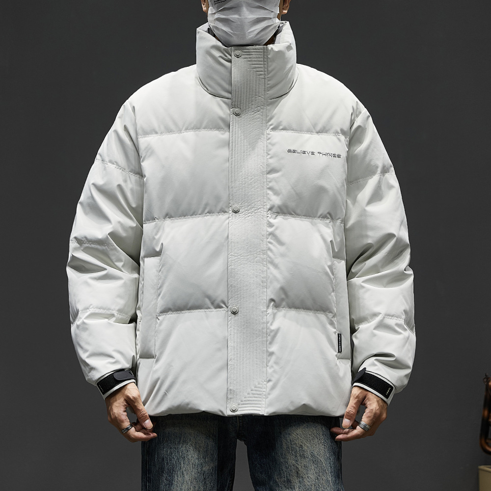 GorgeousBen Bread Style Puffer Coat for Men, White Duck Down Filled Stand Collar Jacket, American Streetwear Thickened Winter Coat, Warm Oversized Outerwear