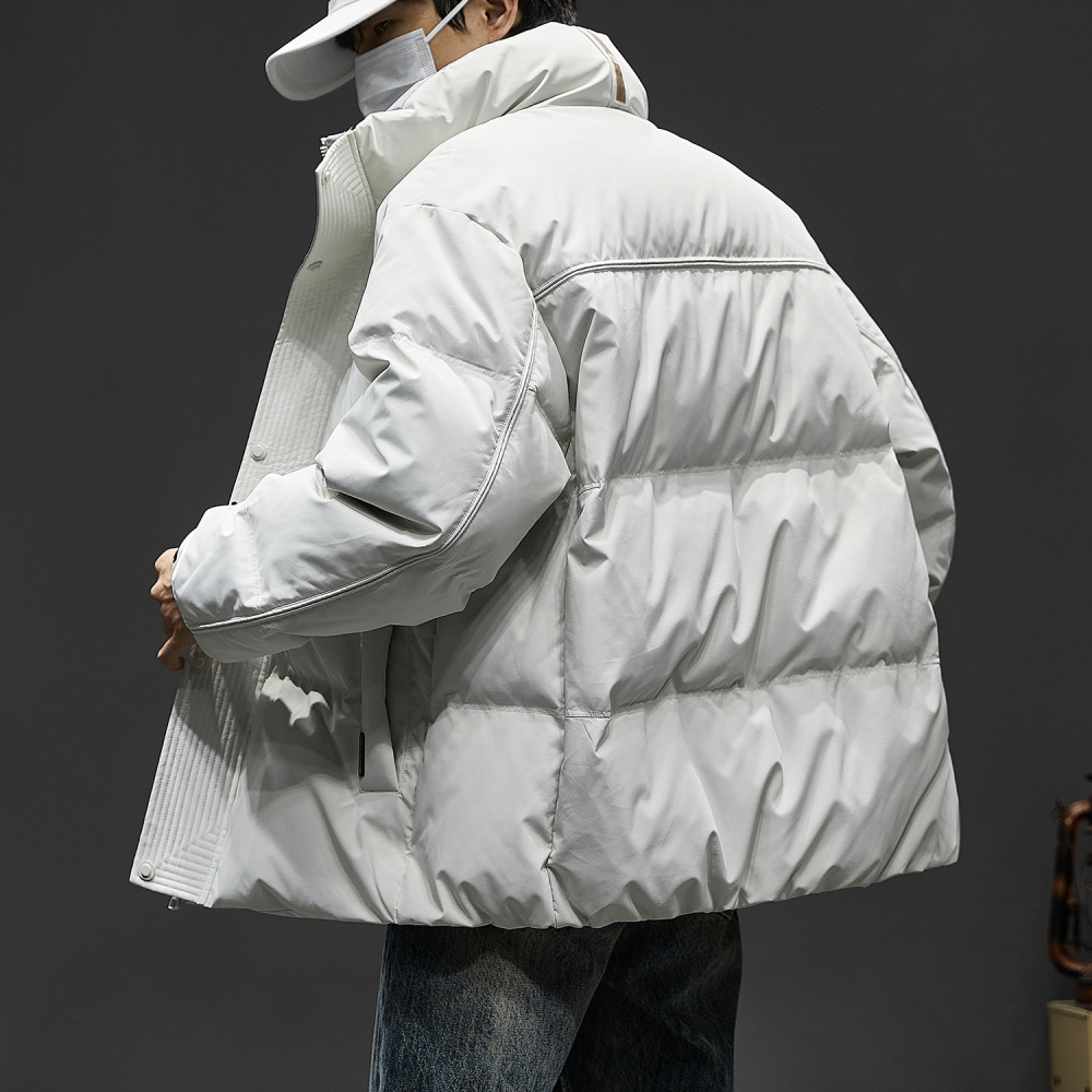 GorgeousBen Bread Style Puffer Coat for Men, White Duck Down Filled Stand Collar Jacket, American Streetwear Thickened Winter Coat, Warm Oversized Outerwear