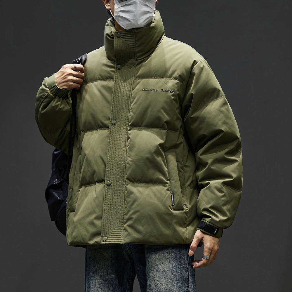 GorgeousBen Bread Style Puffer Coat for Men, White Duck Down Filled Stand Collar Jacket, American Streetwear Thickened Winter Coat, Warm Oversized Outerwear