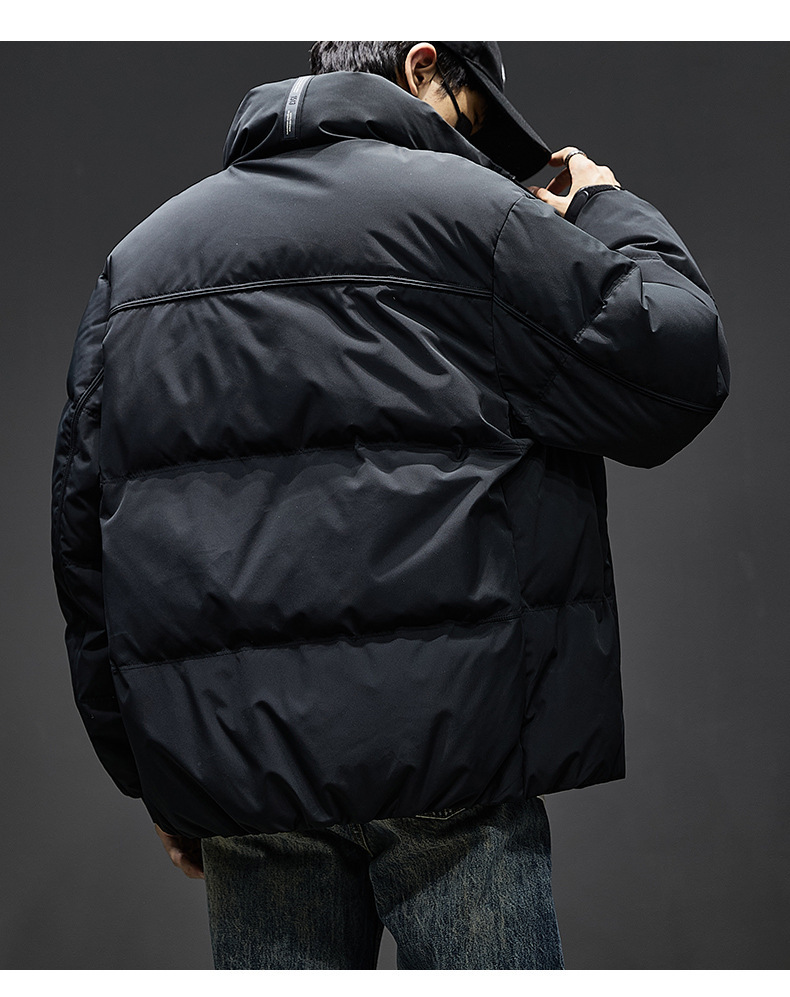 GorgeousBen Bread Style Puffer Coat for Men, White Duck Down Filled Stand Collar Jacket, American Streetwear Thickened Winter Coat, Warm Oversized Outerwear