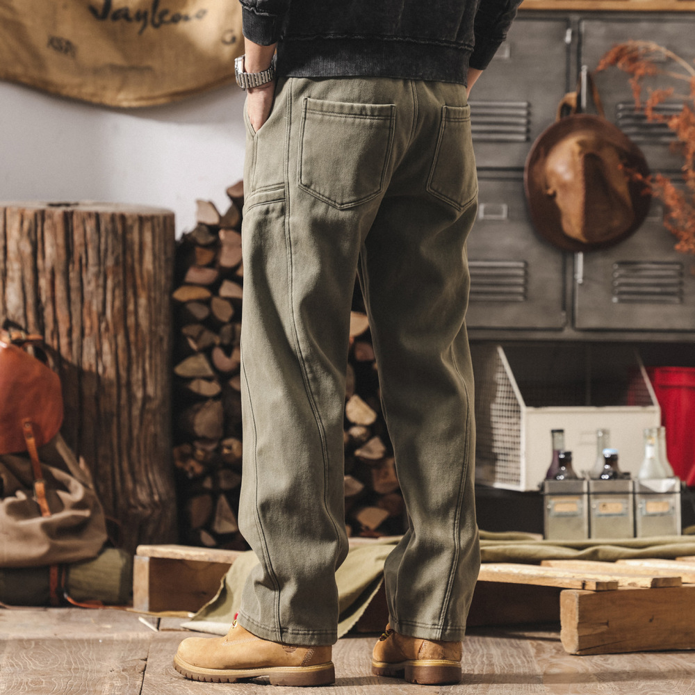 GorgeousBen Men's Retro Americana Work Pants - Winter Fleece-Lined Straight Leg Casual Trousers