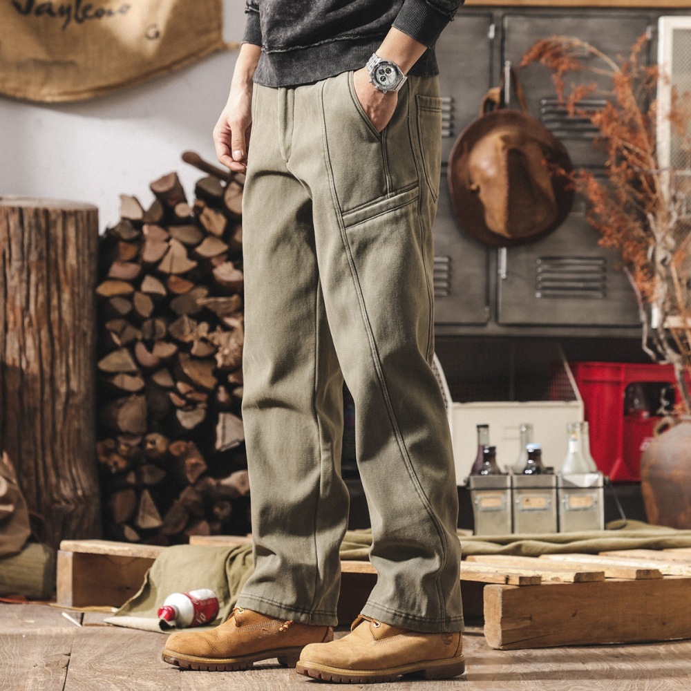 GorgeousBen Men's Retro Americana Work Pants - Winter Fleece-Lined Straight Leg Casual Trousers