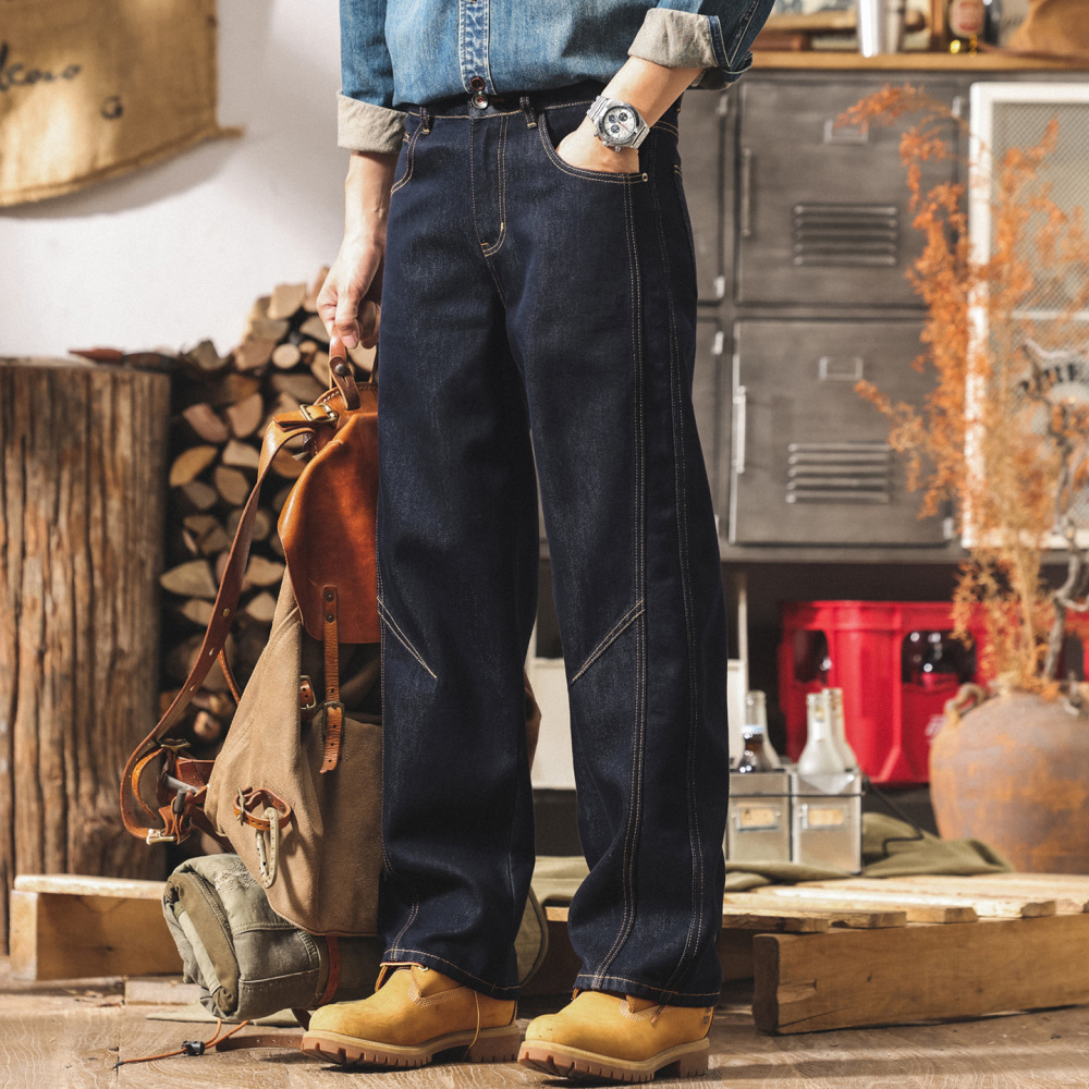 GorgeousBen Men's American Vintage Raw Denim Jeans - Straight Leg Relaxed Fit Stone Washed Urban Streetwear AW2025