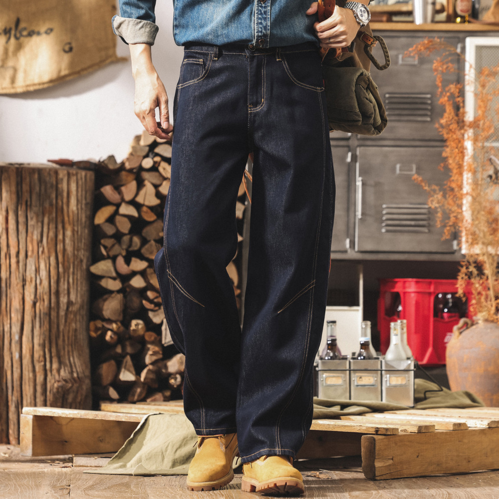 GorgeousBen Men's American Vintage Raw Denim Jeans - Straight Leg Relaxed Fit Stone Washed Urban Streetwear AW2025