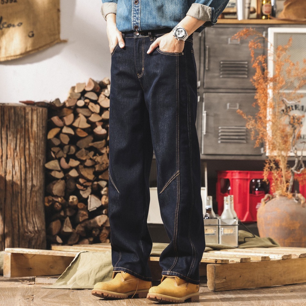 GorgeousBen Men's American Vintage Raw Denim Jeans - Straight Leg Relaxed Fit Stone Washed Urban Streetwear AW2025