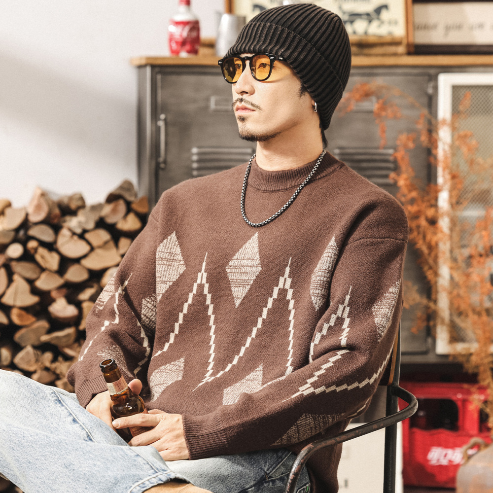 GorgeousBen Fair Isle Knit Sweater Men, 2026 Winter Thick Warm Retro Pullover, Geometric Pattern Crewneck
