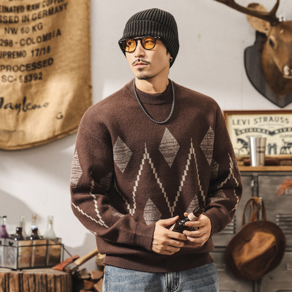 GorgeousBen Fair Isle Knit Sweater Men, 2026 Winter Thick Warm Retro Pullover, Geometric Pattern Crewneck