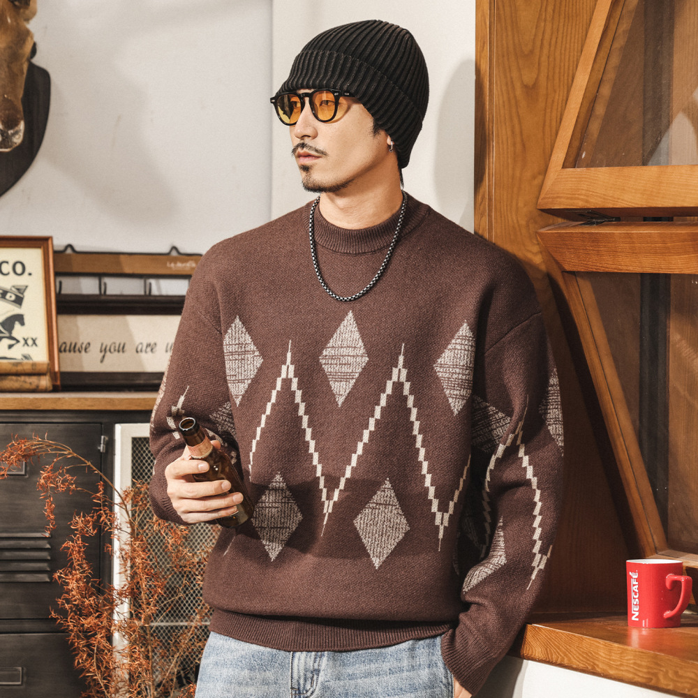 GorgeousBen Fair Isle Knit Sweater Men, 2026 Winter Thick Warm Retro Pullover, Geometric Pattern Crewneck