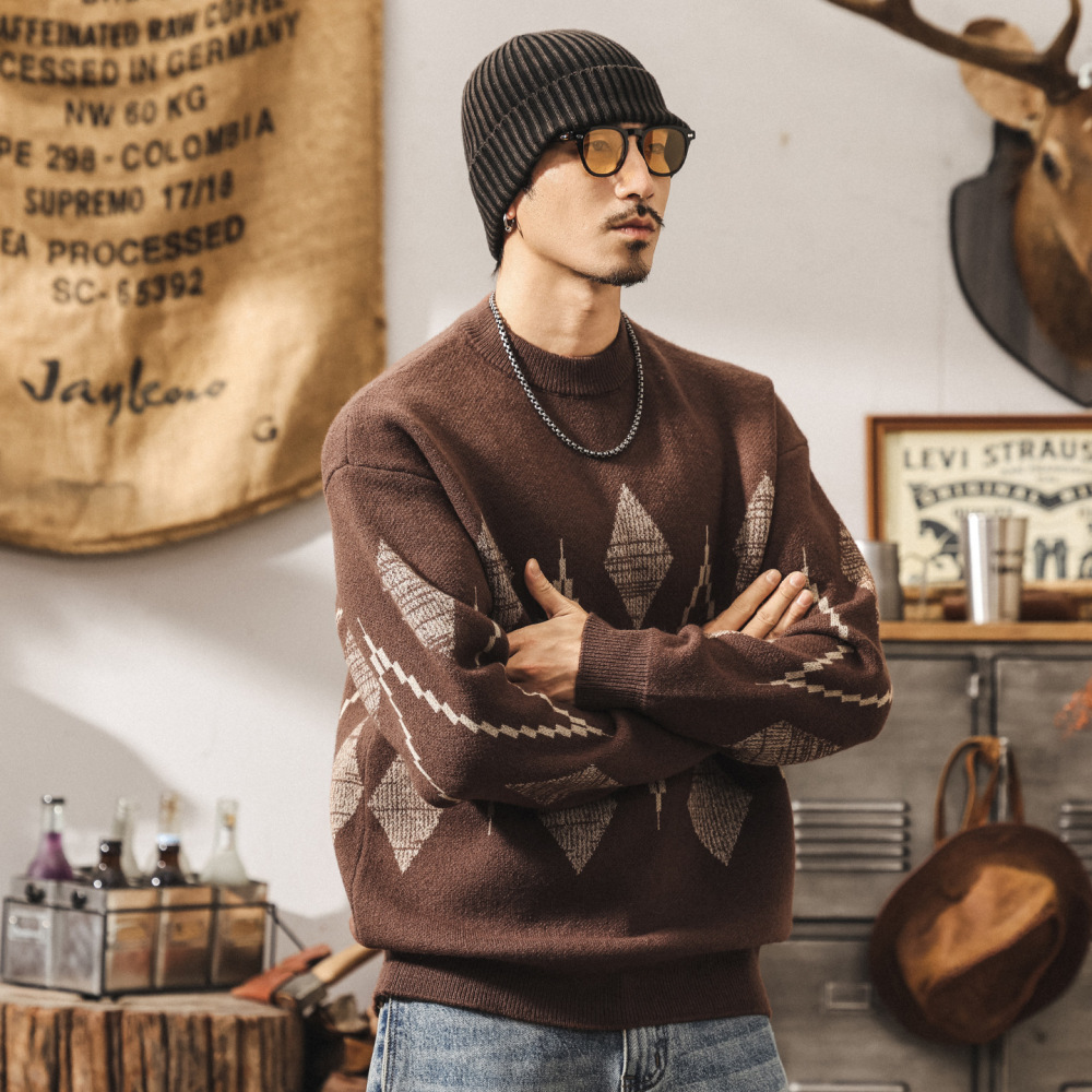 GorgeousBen Fair Isle Knit Sweater Men, 2026 Winter Thick Warm Retro Pullover, Geometric Pattern Crewneck