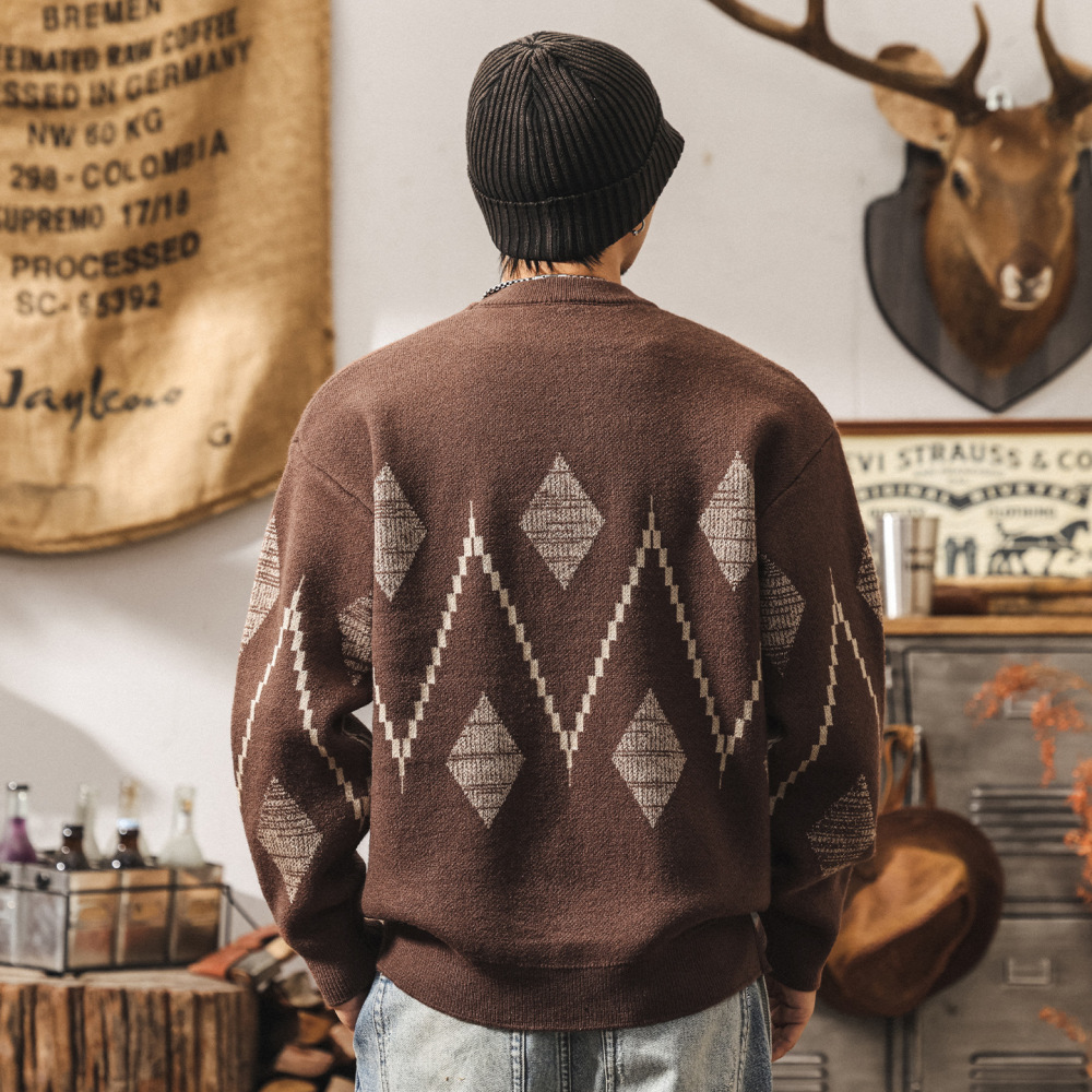 GorgeousBen Fair Isle Knit Sweater Men, 2026 Winter Thick Warm Retro Pullover, Geometric Pattern Crewneck