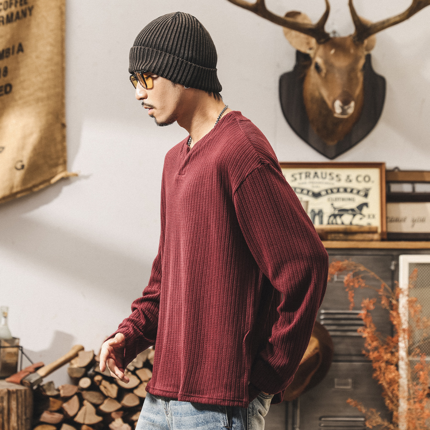 GorgeousBen American Vintage 330gsm Heavyweight Long Sleeve T-Shirt, Winter Thermal Men's Casual Top, Jacquard Pattern Streetwear