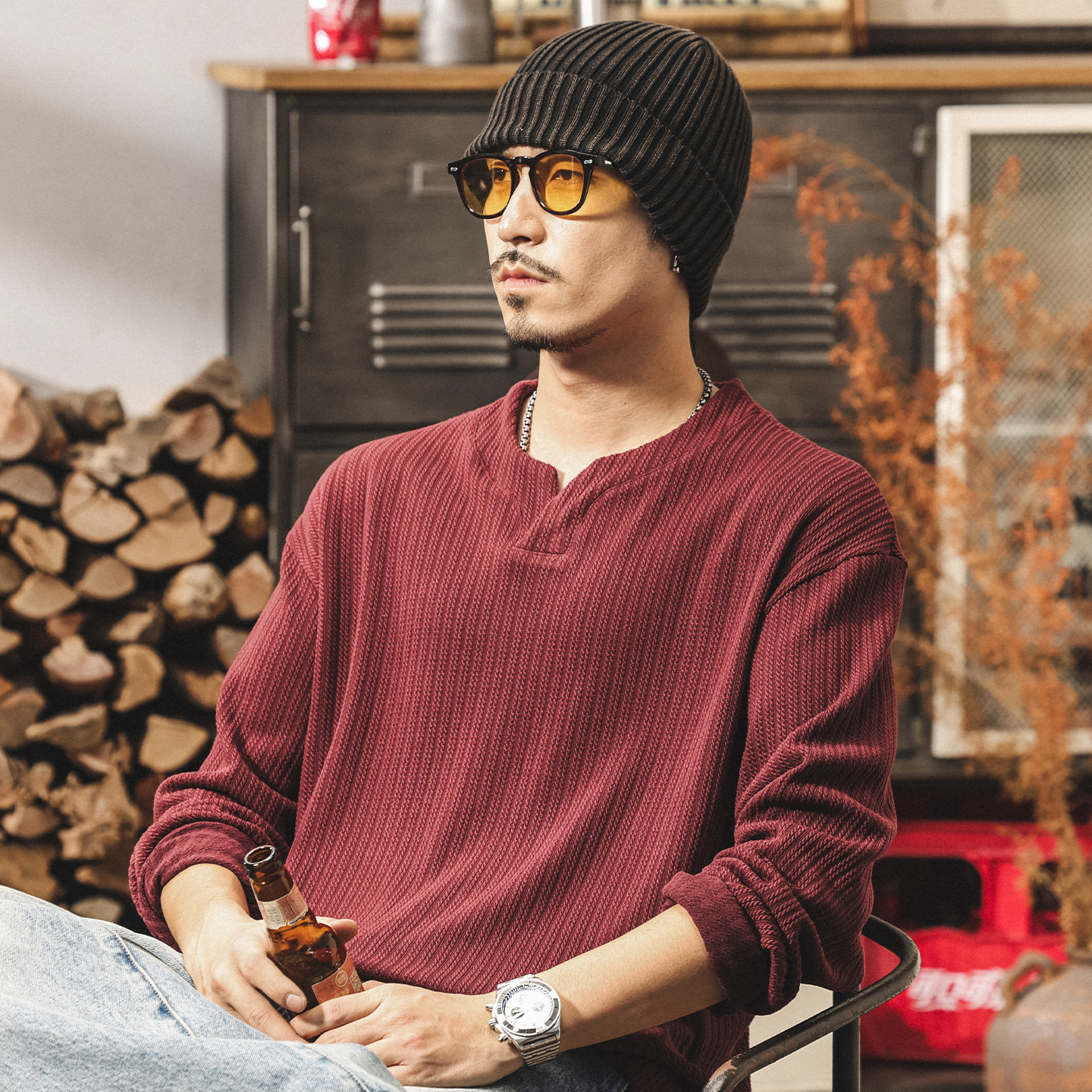 GorgeousBen American Vintage 330gsm Heavyweight Long Sleeve T-Shirt, Winter Thermal Men's Casual Top, Jacquard Pattern Streetwear