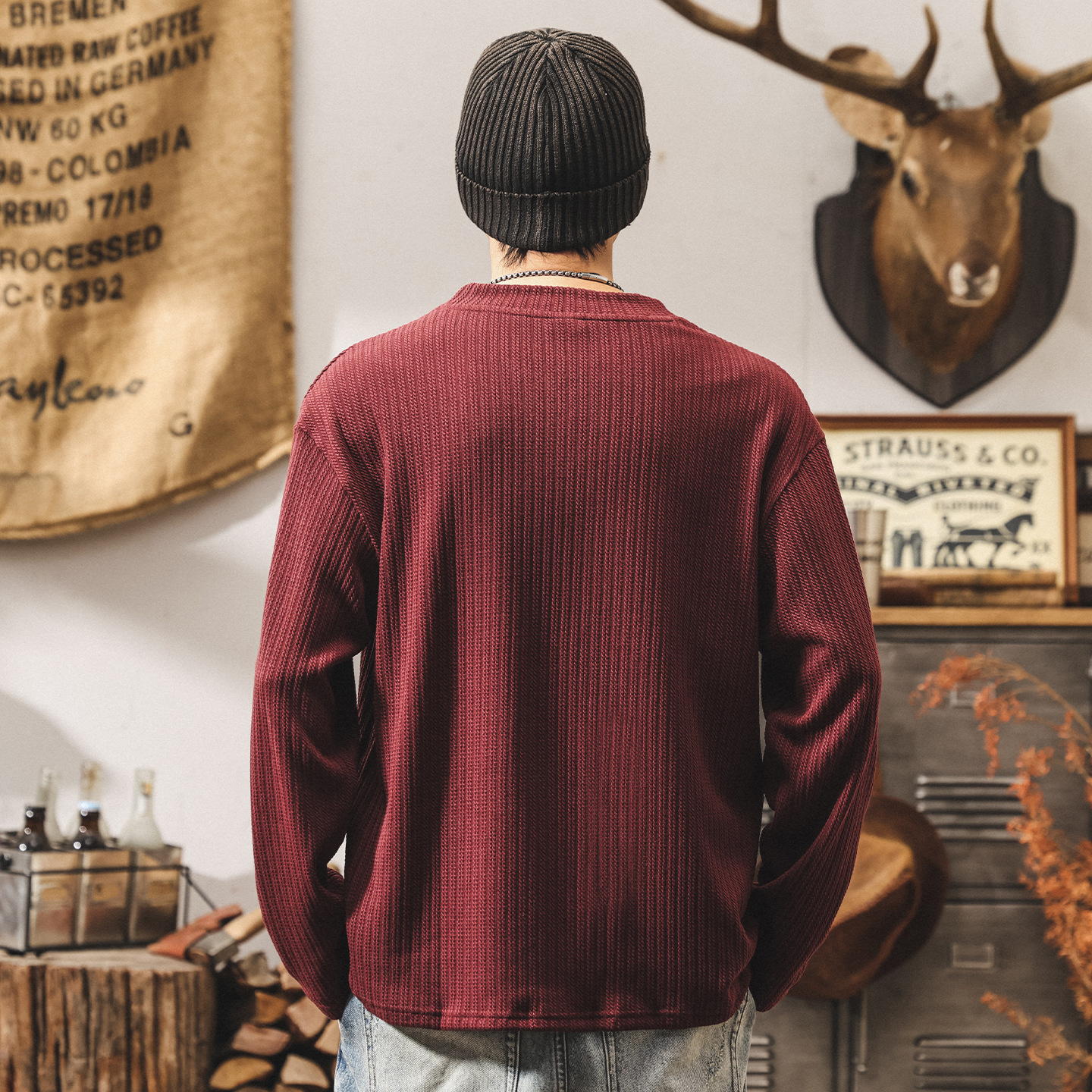 GorgeousBen American Vintage 330gsm Heavyweight Long Sleeve T-Shirt, Winter Thermal Men's Casual Top, Jacquard Pattern Streetwear