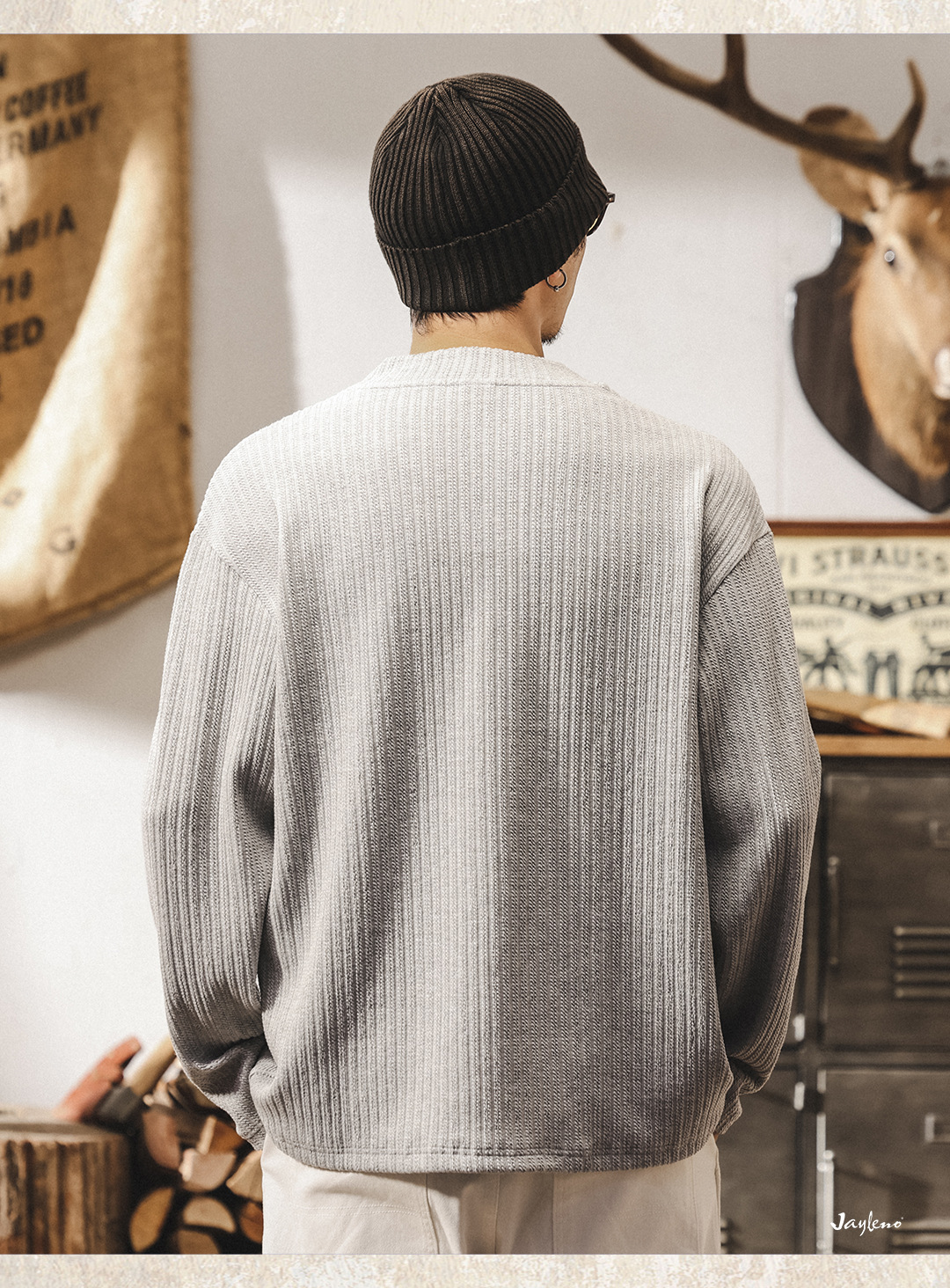 GorgeousBen American Vintage 330gsm Heavyweight Long Sleeve T-Shirt, Winter Thermal Men's Casual Top, Jacquard Pattern Streetwear