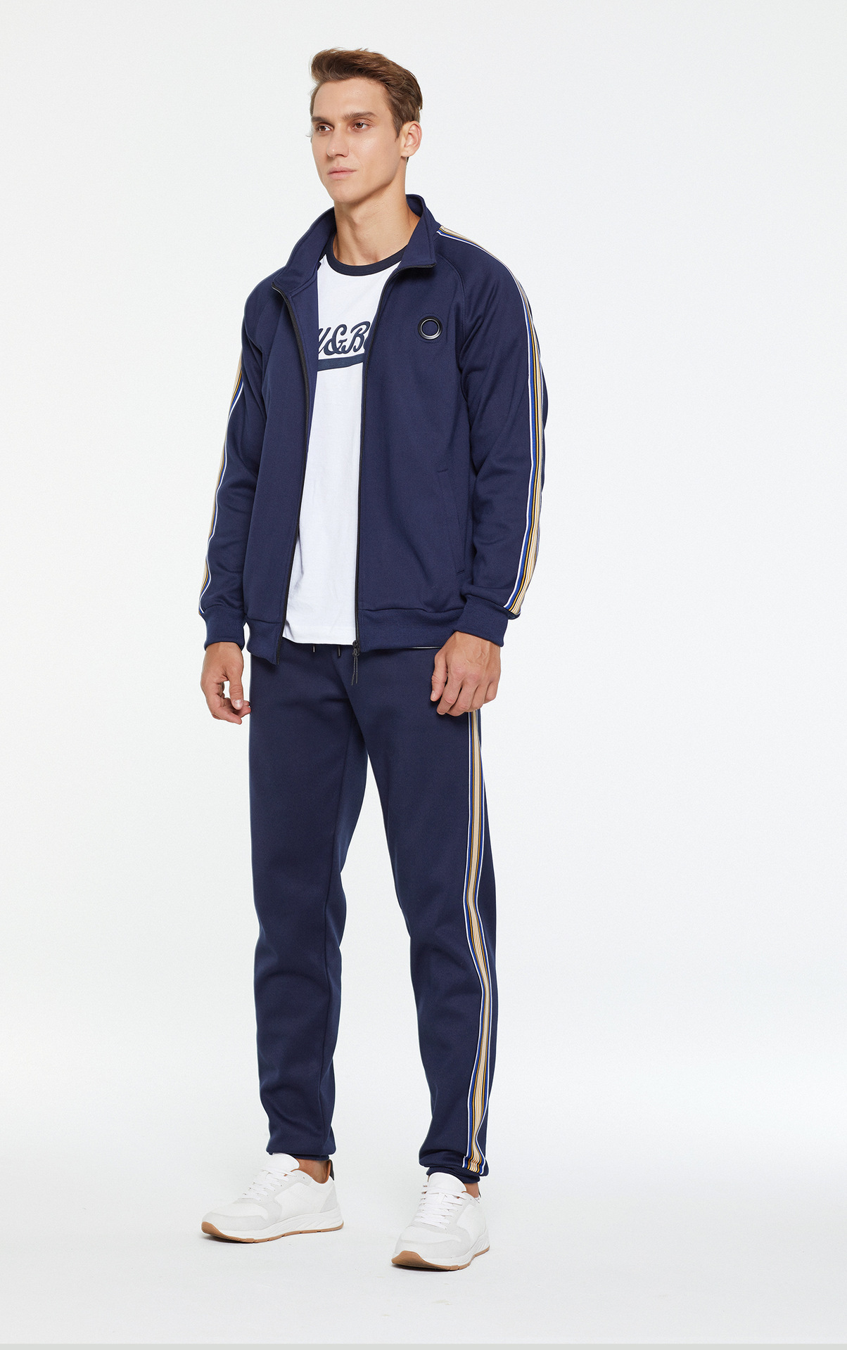 GorgeousBen 2025 New Men's 2-Piece Athletic Tracksuit Long Sleeve Zip Up Jacket & Sweatpants Color Block Printed Stripes Fashion Casual Comfortable Outfit