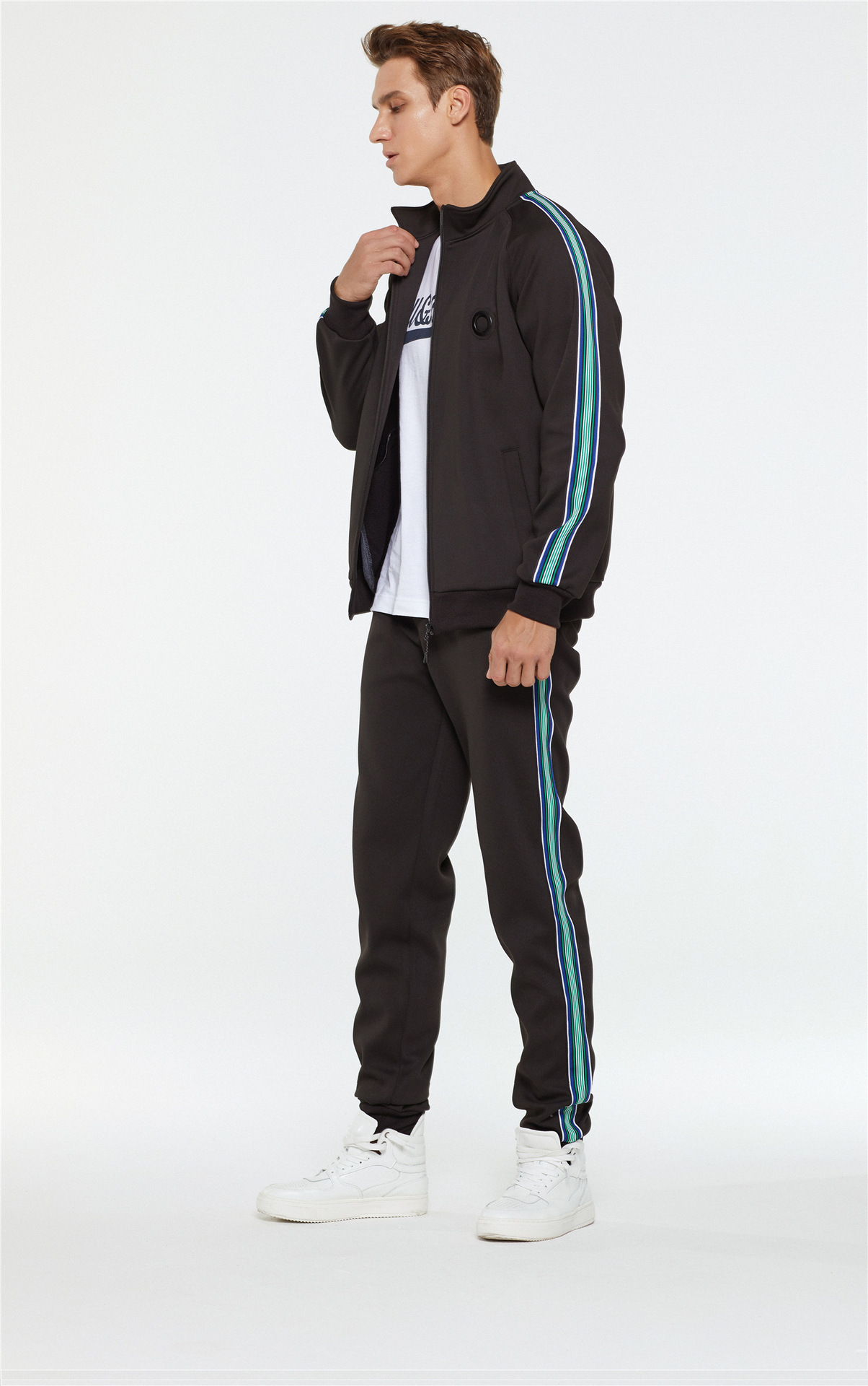 GorgeousBen 2025 New Men's 2-Piece Athletic Tracksuit Long Sleeve Zip Up Jacket & Sweatpants Color Block Printed Stripes Fashion Casual Comfortable Outfit