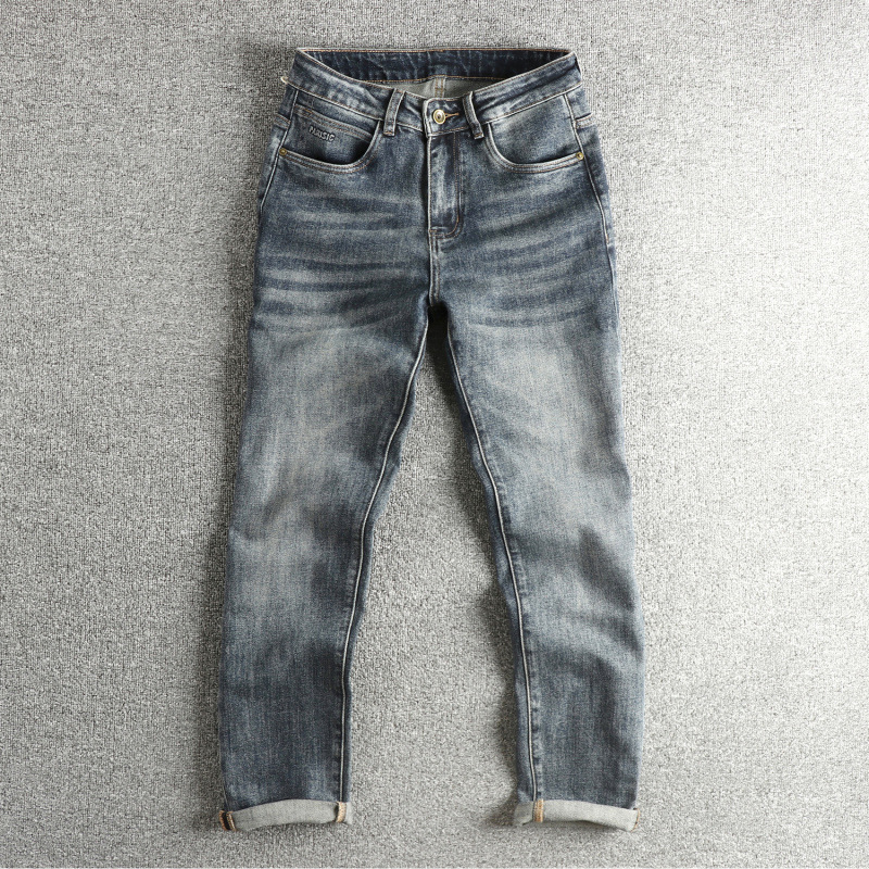 GorgeousBen Embossed Lettering Washed Men's Jeans - Vintage Indigo Slim Straight Stretchy American Trend Trousers