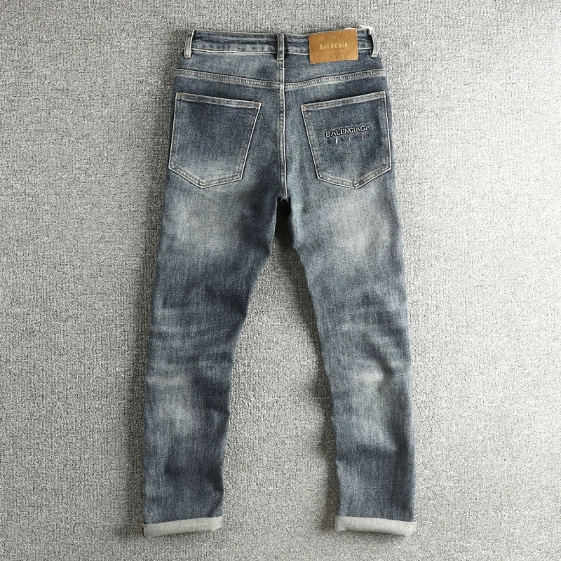 GorgeousBen Embossed Lettering Washed Men's Jeans - Vintage Indigo Slim Straight Stretchy American Trend Trousers