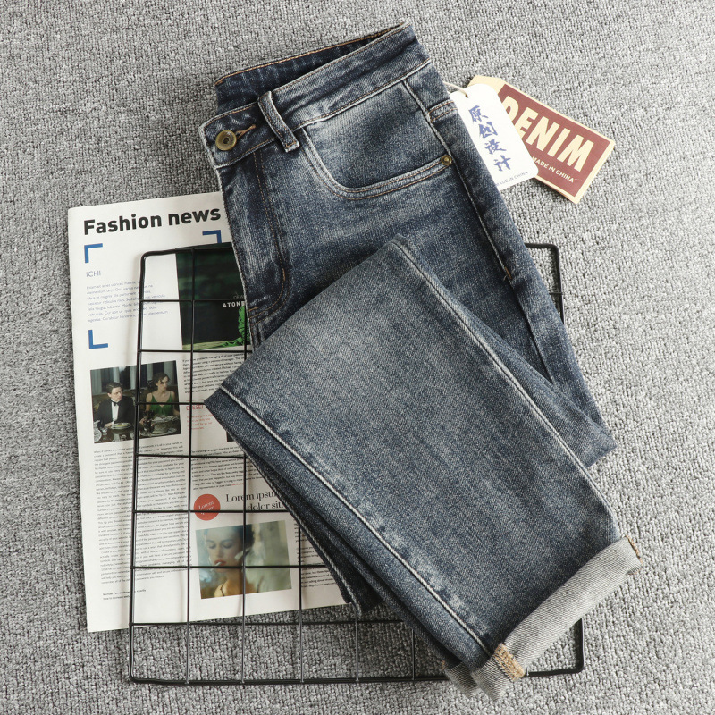 GorgeousBen Embossed Lettering Washed Men's Jeans - Vintage Indigo Slim Straight Stretchy American Trend Trousers