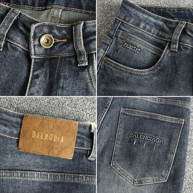 GorgeousBen Embossed Lettering Washed Men's Jeans - Vintage Indigo Slim Straight Stretchy American Trend Trousers