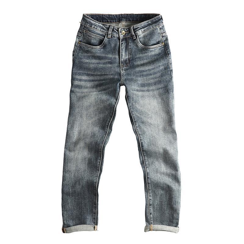 GorgeousBen Embossed Lettering Washed Men's Jeans - Vintage Indigo Slim Straight Stretchy American Trend Trousers