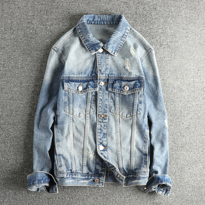 GorgeousBen Distressed Ripped Men's Denim Jacket - Vintage Trendy Edgy Cool Casual Youth Outerwear
