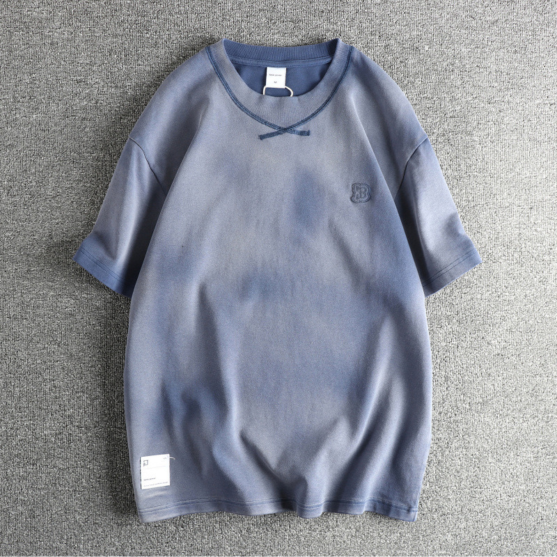 GorgeousBen 300GSM American Vintage Tie-Dye Washed T-Shirt | Unisex High Street Applique Embroidered Loose Short Sleeve