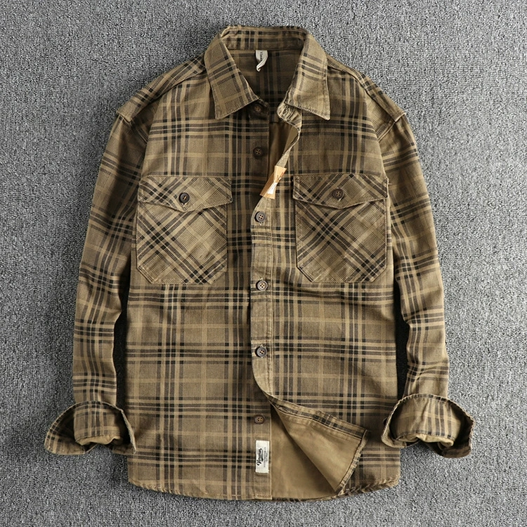 GorgeousBen American Trendy Men's Plaid Shirt 100% Cotton Washed Autumn Light Outerwear