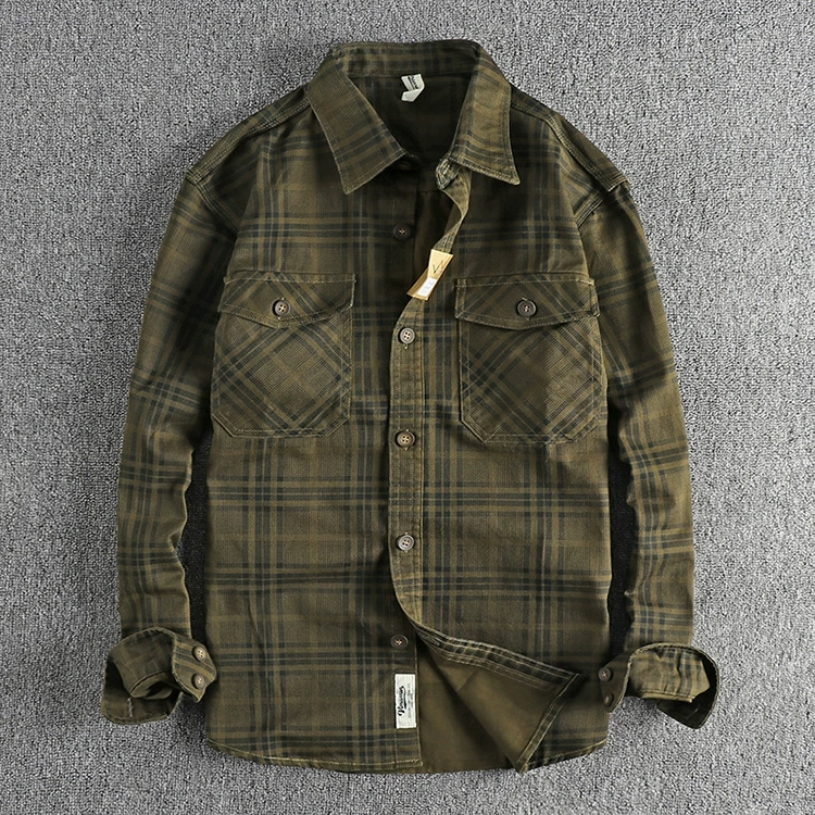 GorgeousBen American Trendy Men's Plaid Shirt 100% Cotton Washed Autumn Light Outerwear