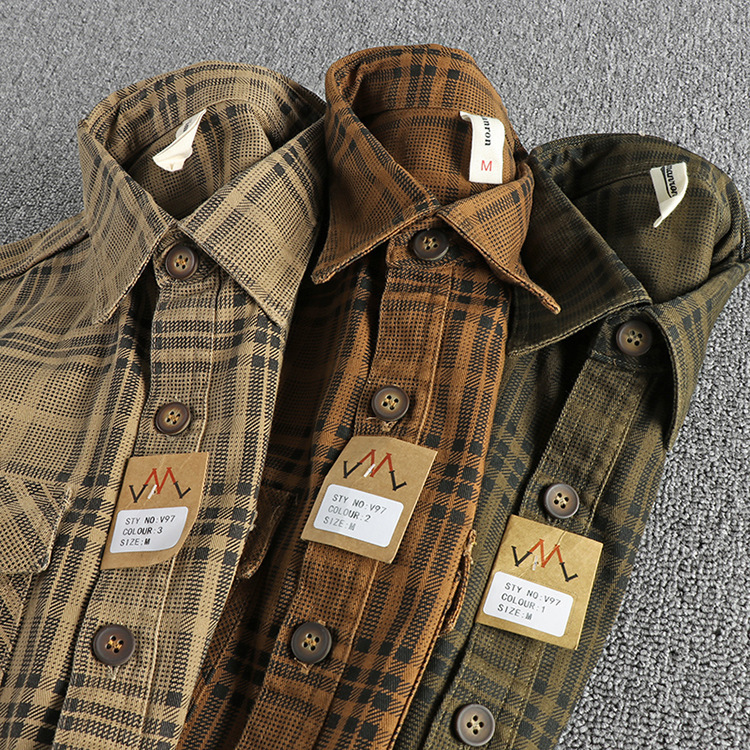 GorgeousBen American Trendy Men's Plaid Shirt 100% Cotton Washed Autumn Light Outerwear
