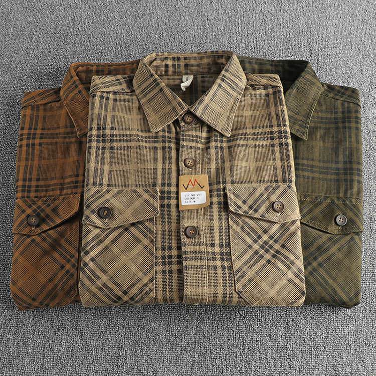 GorgeousBen American Trendy Men's Plaid Shirt 100% Cotton Washed Autumn Light Outerwear
