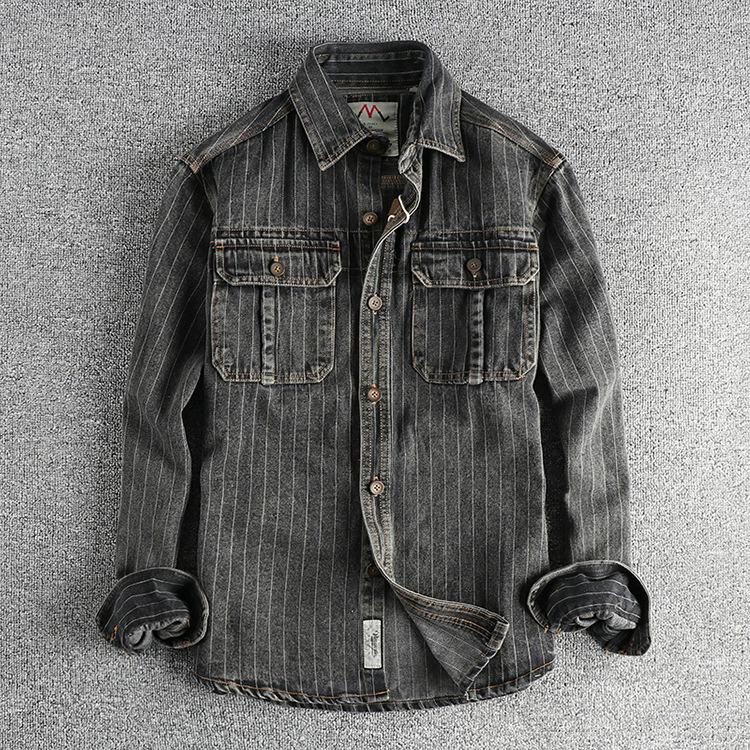 GorgeousBen British Vintage Charcoal Gray Striped Men's Denim Shirt Autumn Casual Outerwear
