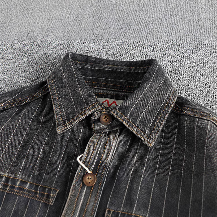 GorgeousBen British Vintage Charcoal Gray Striped Men's Denim Shirt Autumn Casual Outerwear