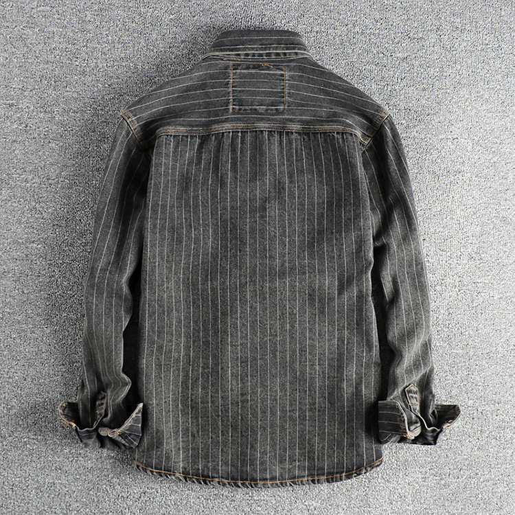 GorgeousBen British Vintage Charcoal Gray Striped Men's Denim Shirt Autumn Casual Outerwear