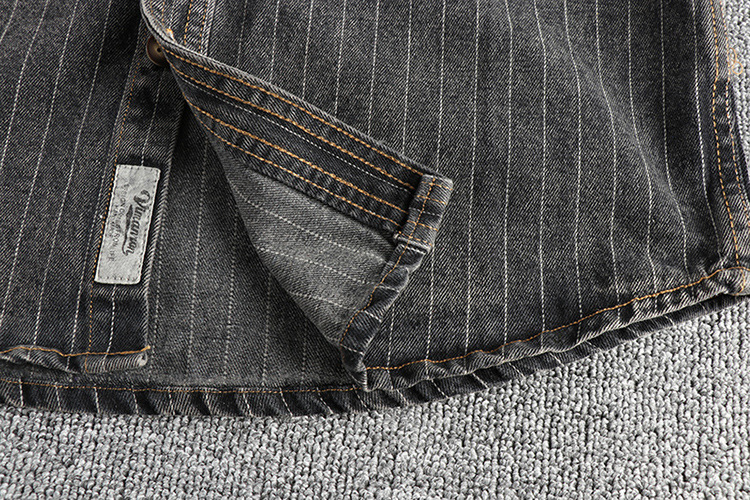 GorgeousBen British Vintage Charcoal Gray Striped Men's Denim Shirt Autumn Casual Outerwear