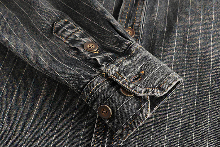 GorgeousBen British Vintage Charcoal Gray Striped Men's Denim Shirt Autumn Casual Outerwear