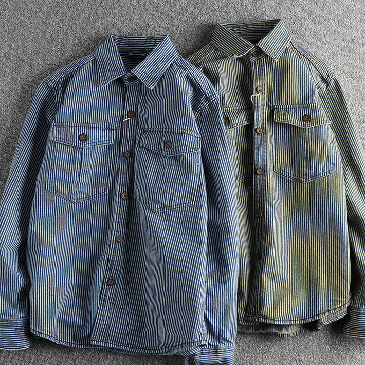 GorgeousBen Men's Vintage Washed Faded Yarn-Dyed Stripe Denim Shirt Casual Outerwear