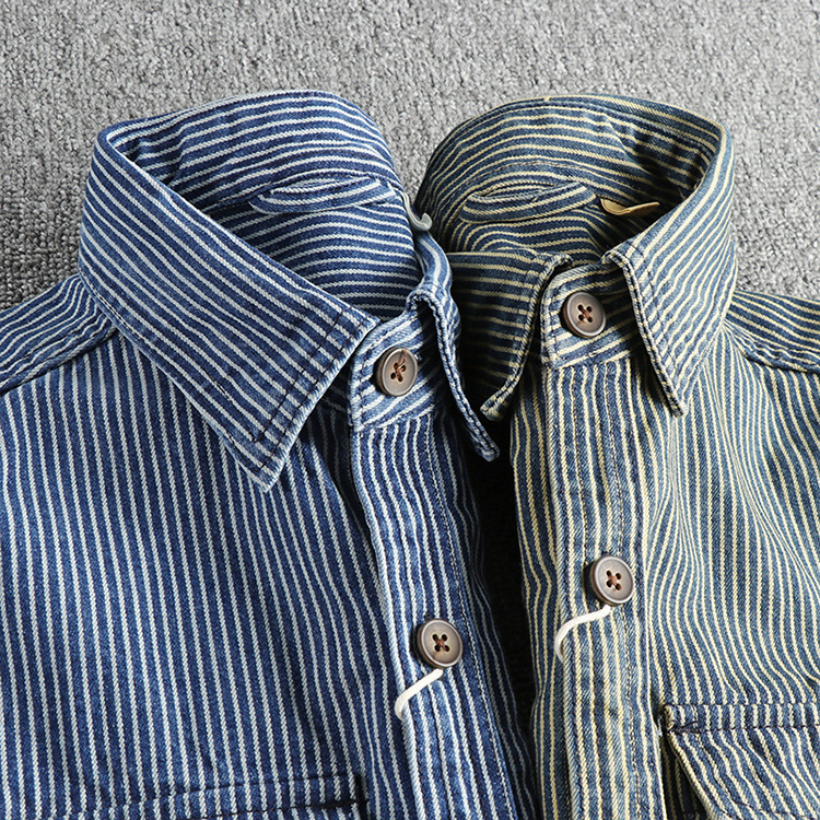 GorgeousBen Men's Vintage Washed Faded Yarn-Dyed Stripe Denim Shirt Casual Outerwear