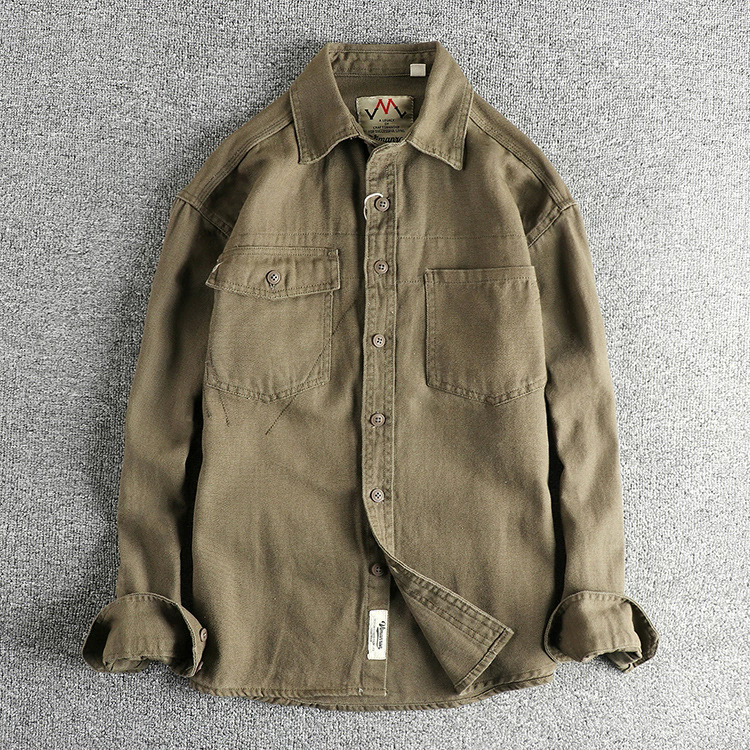 GorgeousBen Men's American Vintage Amekaji Washed Woven Cotton Long Sleeve Shirt With Designer Pockets